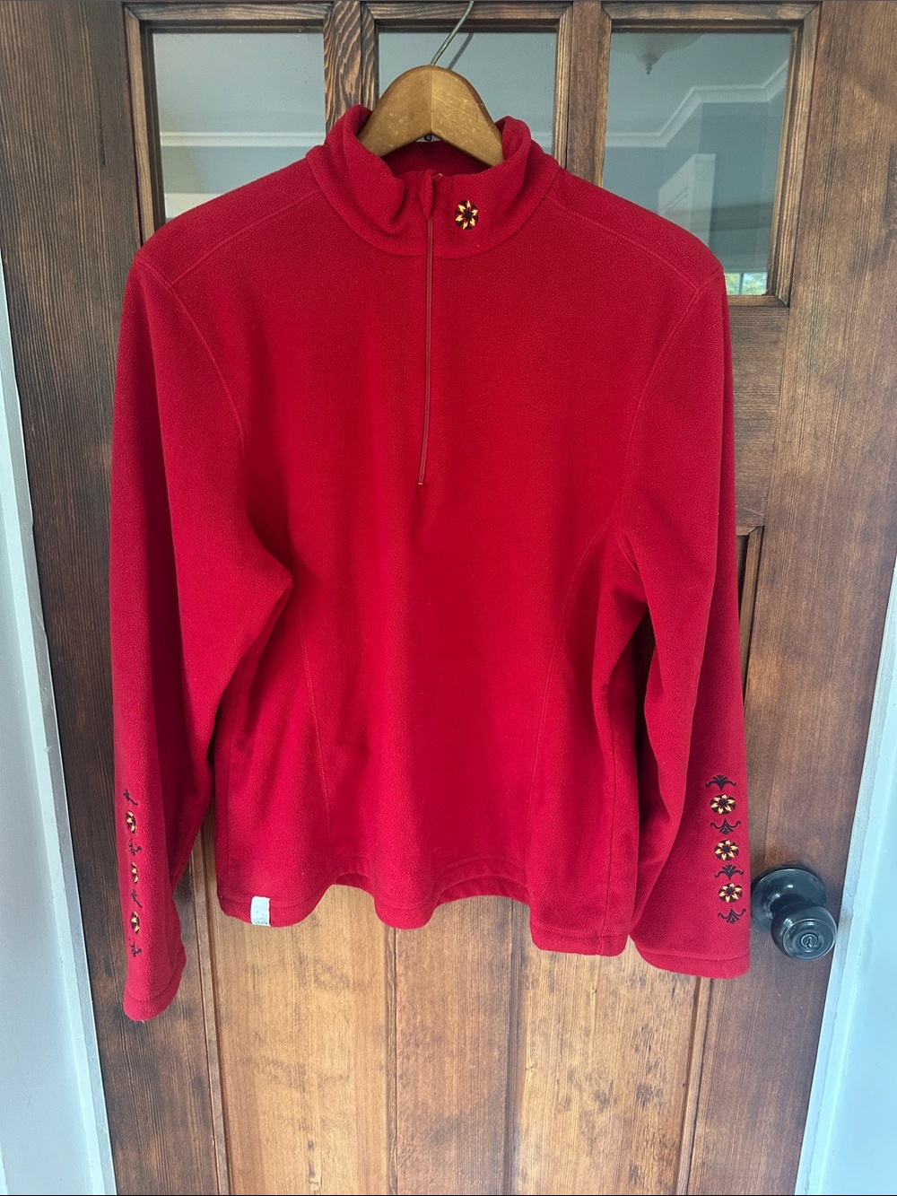 Sahalie Women's L Red Lightweight Fleece 1/4 Zip Floral Embroidery Mock Neck